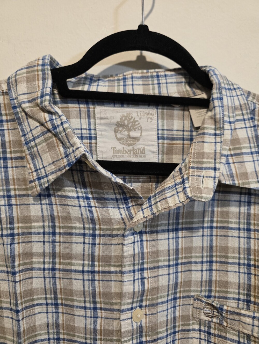 Timberland Blue and Beige Plaid Cotton Button-Down Shirt